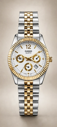 برند: Casio نوع موتور: کوارتز (Quartz) نوع نمایش: آنالوگ نوع موتور فرعی: سه سابدایال نمایشی نمایش تاریخ: دارد جنس بند: استیل ضدزنگ دورنگ (طلایی نقرهای) جنس قاب: استیل رنگ قاب: طلایی رنگ صفحه: سفید جنس شیشه: معدنی مقاوم نوع قفل: کلیپسی تاشو